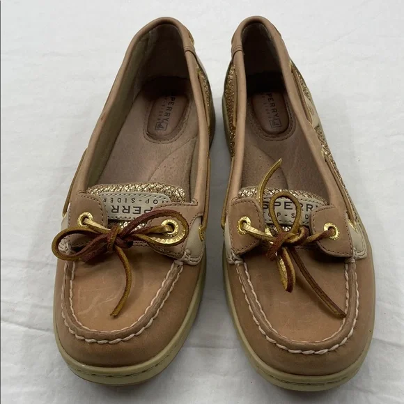 Sperry Angelfish Topsiders Glittery Gold and Tan Boat Loafers. 6.5M. - Picture 4 of 11